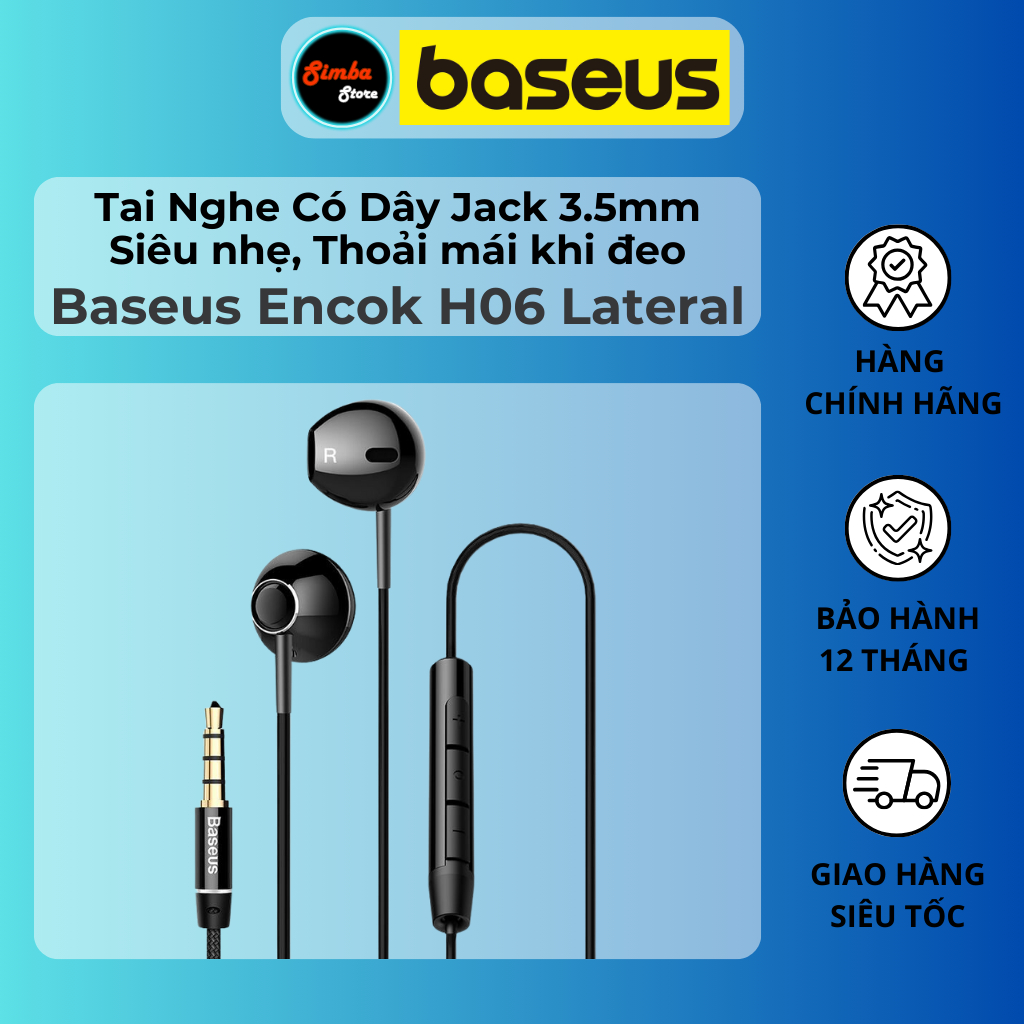 Tai Nghe Có Dây Baseus Encok H06 Lateral - Jack 3.5mm, Siêu nhẹ, Mic chống ồn