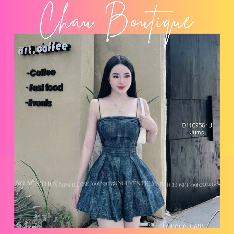 Jumpsuit jean ngắn 2 dây ống xoè! chausstore