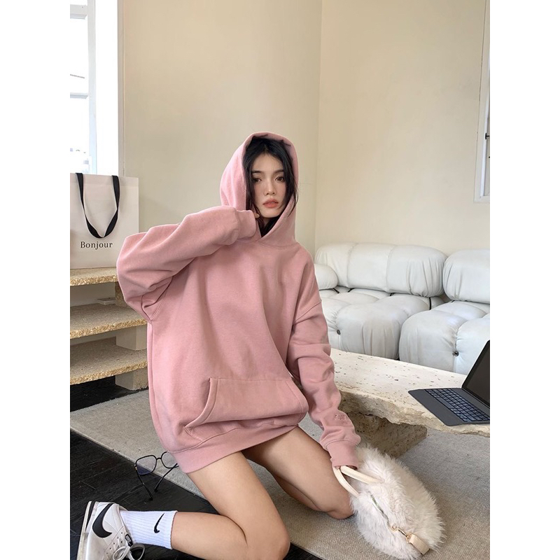 Áo hoodie hồng pastel lót nỉ lông mềm mịn ,dáng rộng hàng QC