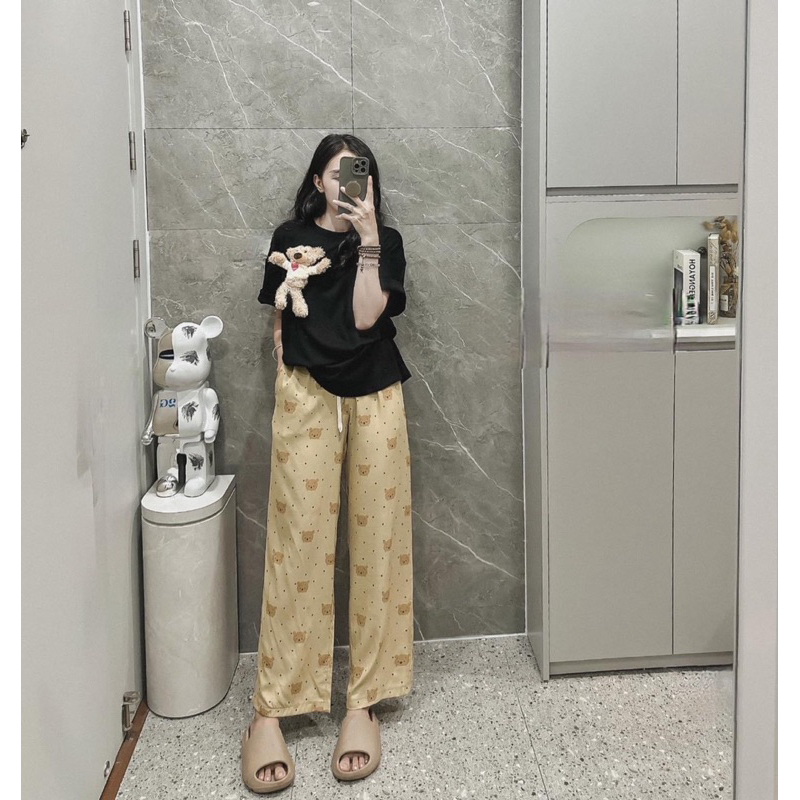 SET BỘ NỮ ÁO PHÔNG RỘNG ĐÍNH GẤU MIX QUẦN SUÔNG 2 MÀU SIÊU HOT