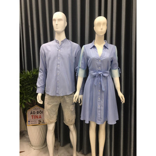 SET ĐỒ ĐÔI NAM NỮ ĐẸP COUPLE TINA SET ĐỒ CẶP NAM NỮ - DÁNG VÁY XOÈ TAY PHỐI LƯỢNG SỌC XANH TRẮNG SIÊU DỄ THƯƠNG