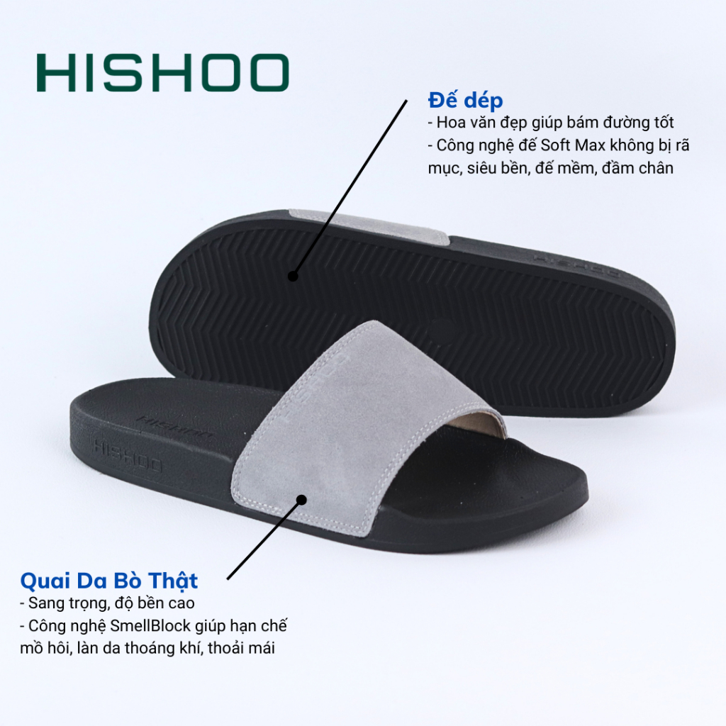 Dép quai ngang slipper Xám da lộn cao cấp nam, nữ  HISHOO siêu nhẹ  da bò thật thời trang size 36-45 U114