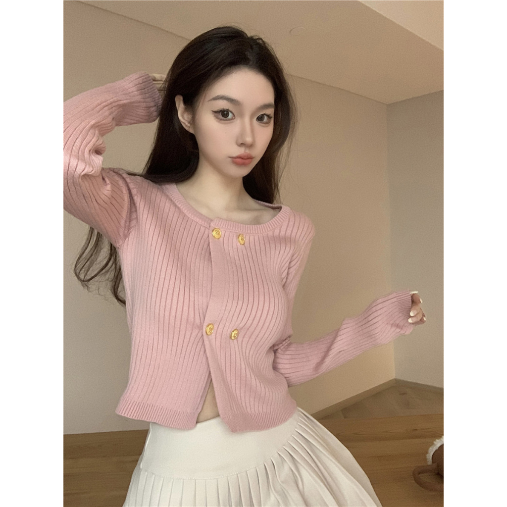 Áo khoác len cardigan dài tay cho nữ INFLACHI dáng ngắn croptop đính cúc giữa nhiều màu sắc M67 B2-24
