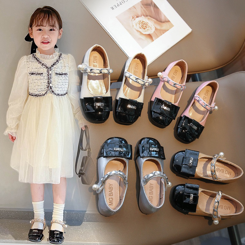 Giày búp bê gắn nơ Miu da bóng sang chảnh cho bé gái chính hãng MG Baby