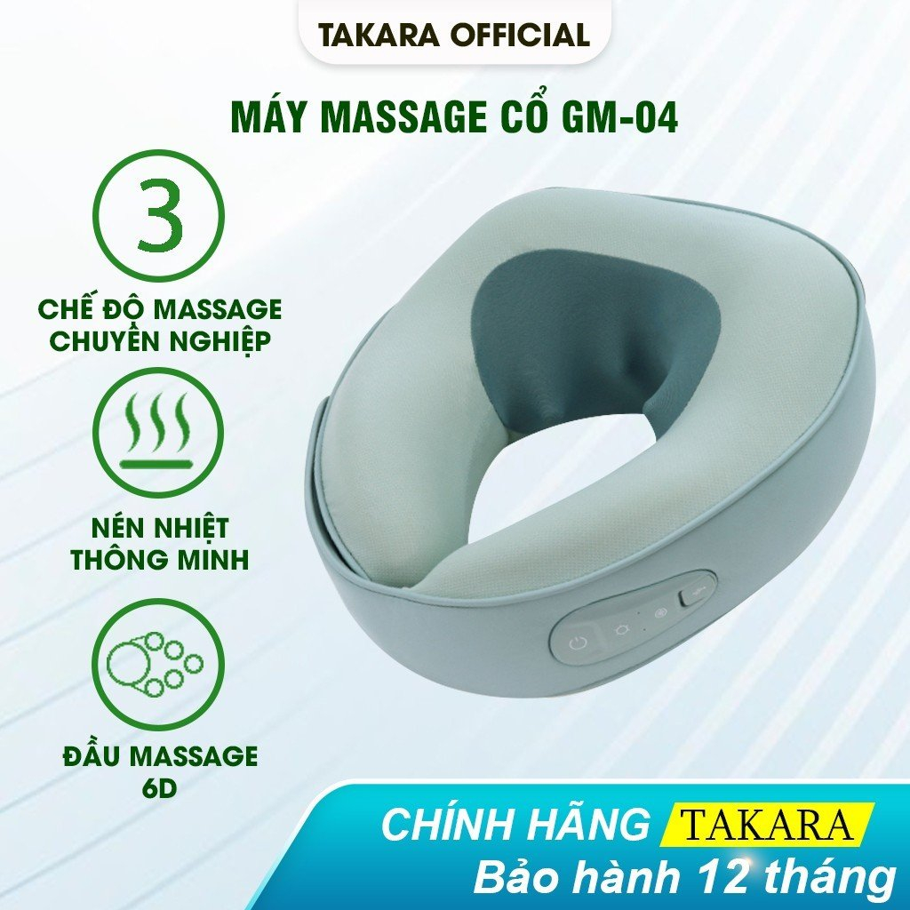 Gối Massage Cổ Cao Cấp TAKARA GM-04, Máy Mát Xa Cổ Chữ U Với 3 Mức Nhiệt Chườm Nóng Giảm Đau Mỏi