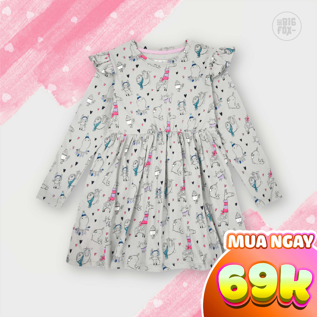 Váy Dài Tay Cho Bé Gái Miss Meow Chất Thun Cotton Ấm Áp, Váy Thu Đông Trẻ Em Bèo Vai Họa Tiết