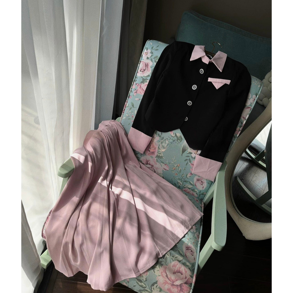 Set đồ thu đông nữ áo khoác vest mix chân váy xếp ly hồng dễ thương, áo khoác đen phối cổ sơ mi kèm chân váy dáng dài