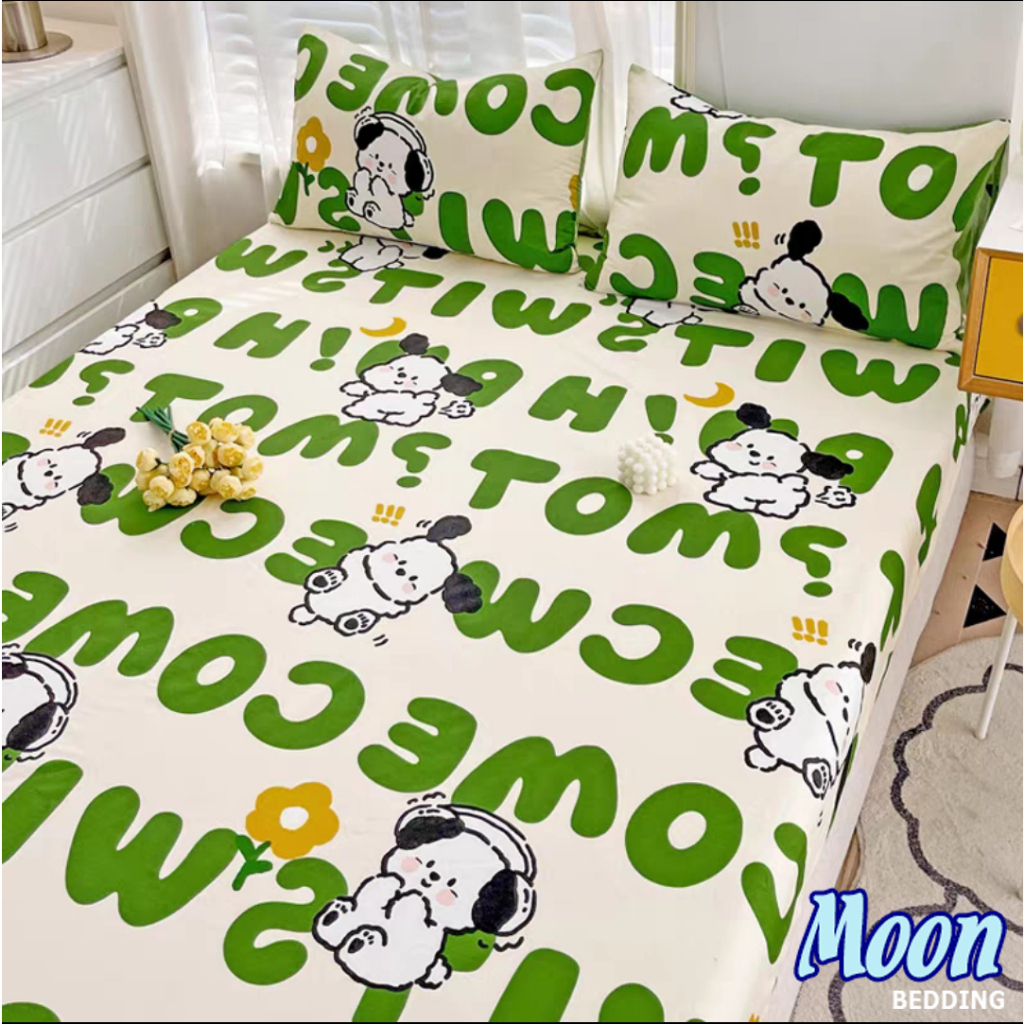 Set 3 Món Ga Gối Nệm Poly Cotton m4/m4/m6/m8, Drap và 2 Vỏ Gối Bốn Mùa Dễ Thương Cute - Moon Bedding