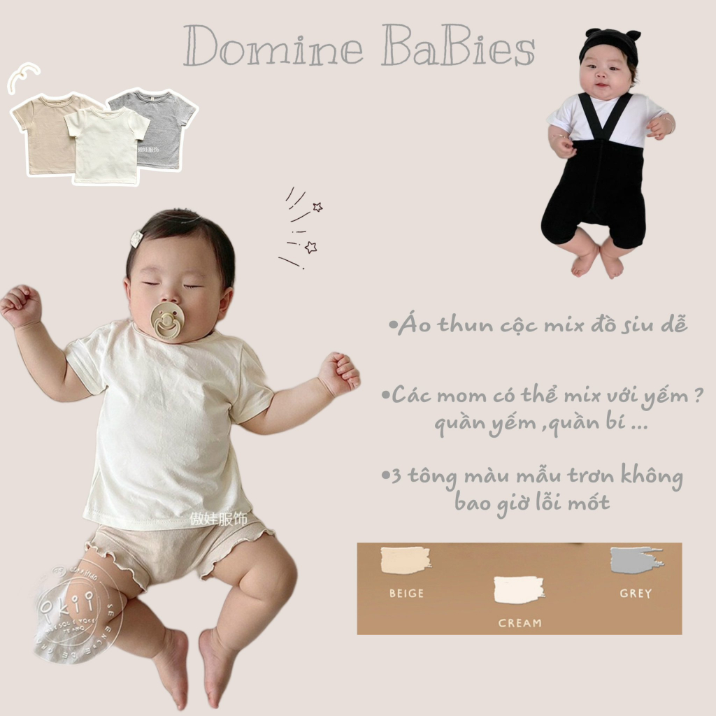Áo cotton cộc tay mùa hè mẫu trơn co dãn thoáng mát cổ tròn hàng đẹp cao cấp cho bé gái bé trai từ 3 tháng đến 2 tuổi