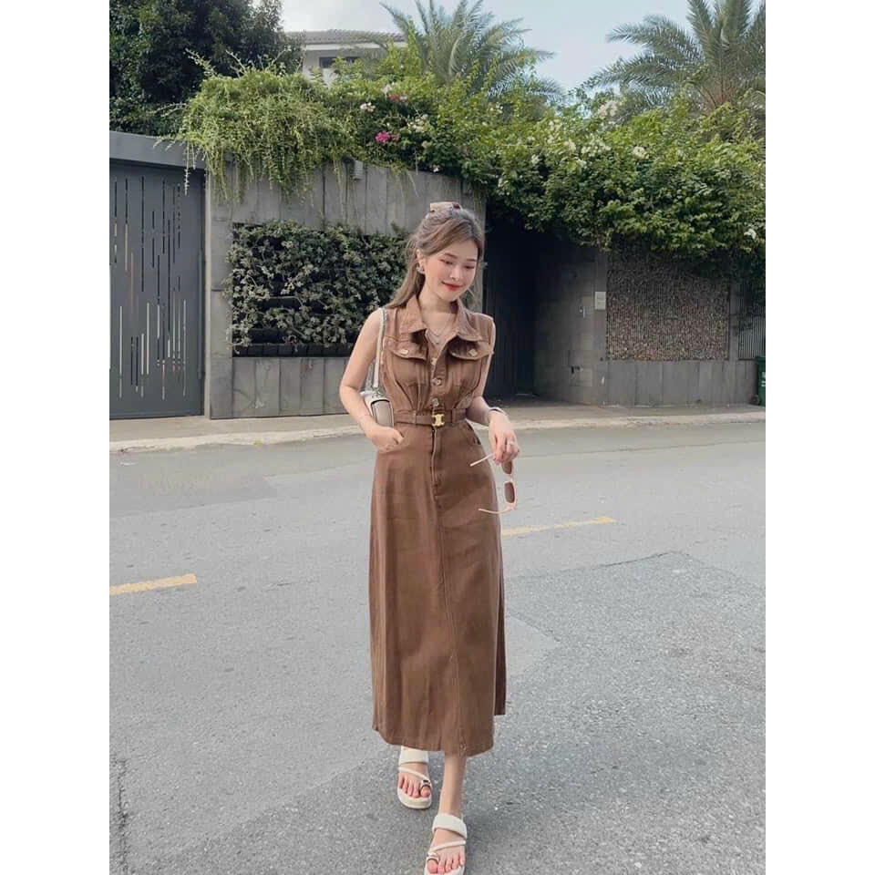 Đầm Nữ Chất Kaki Dáng Dài Kiểu Cổ Sơ Mi Sát Nách Kèm Đai Nịt Lưng Họa Tiết Túi Hộp Xinh Xắn, Phù Hợp Mặc Đi Dự Tiệc