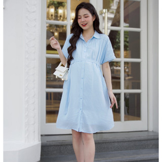 MEDYLA - Váy bầu mùa hè thiết kế tơ nhật xanh cổ đức đầm bầu thiết kế dáng sơ mi cho bầu mặc đi làm dự tiệc - VTS1510