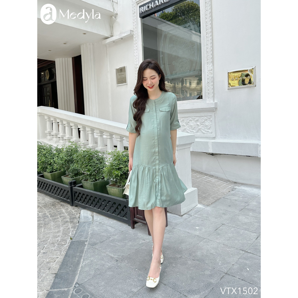 MEDYLA - Váy bầu mùa hè thiết kế thô hàn xanh nắp túi đầm bầu thiết kế cho bầu mặc đi làm dự tiệc - VTX1502