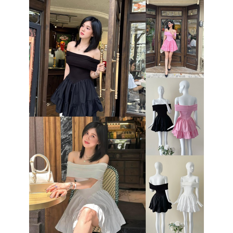 Đầm thun trễ vai xoè