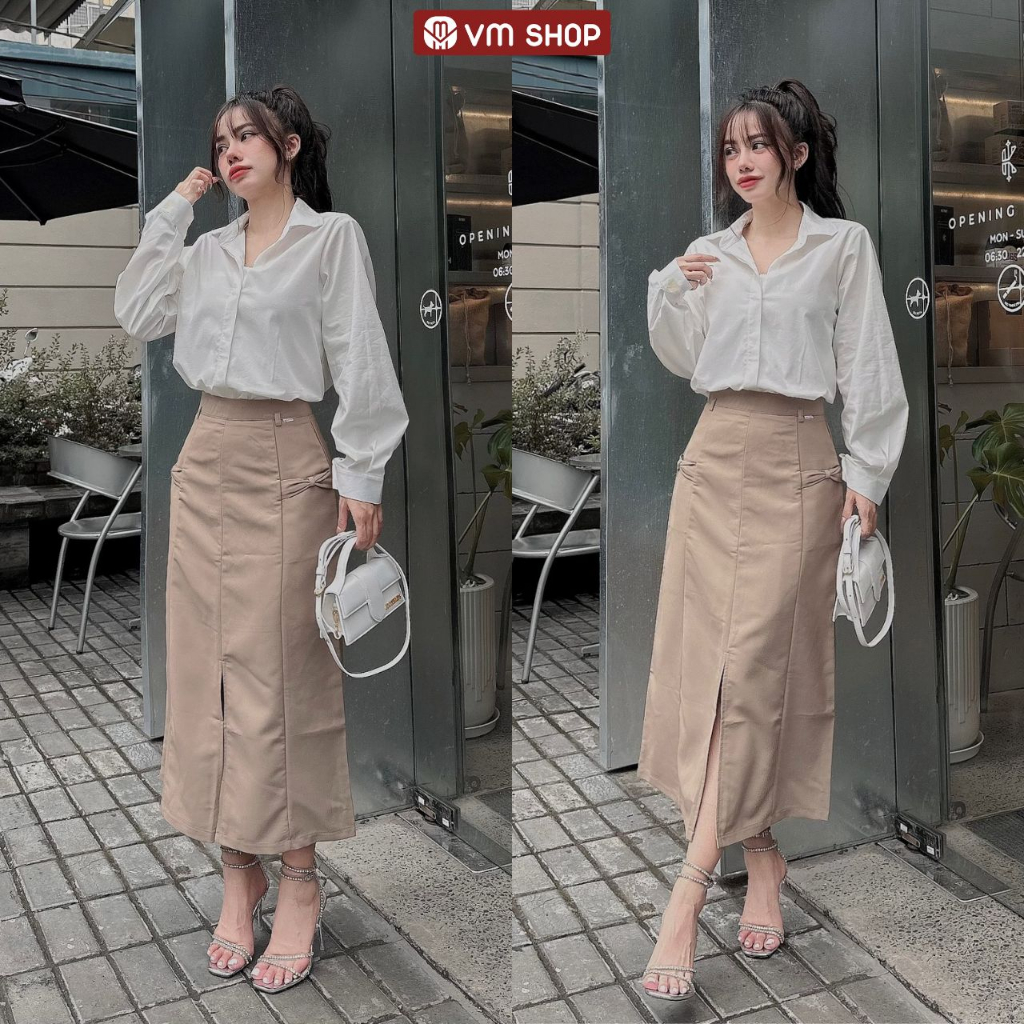 Chân váy dài VM Shop cạp cao thiết kế 2 nơ bên xẻ trước dập li thời trang 0539 CVD00084