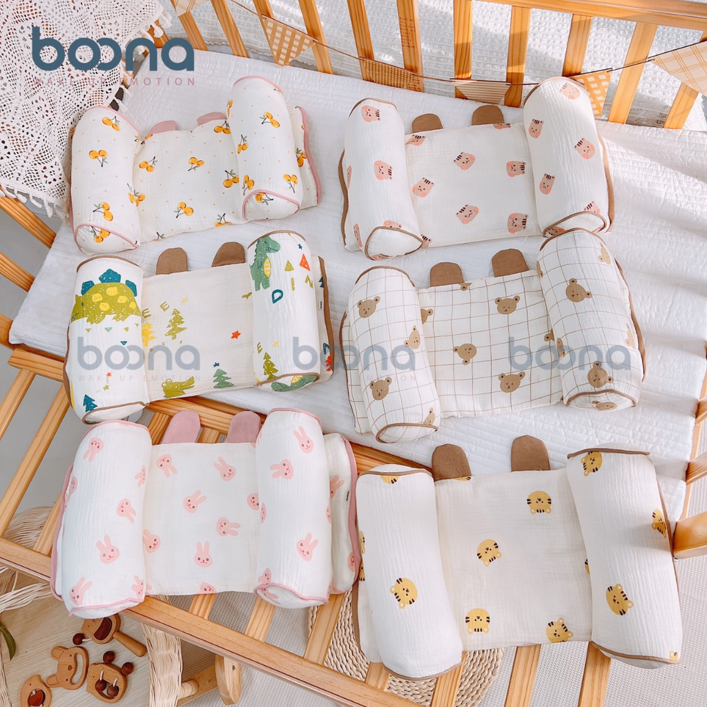 Gối định hình đầu Boona cho bé làm từ vải muslin cao cấp, êm ái, giúp bé ngủ ngon, chống méo đầu, bẹp gáy