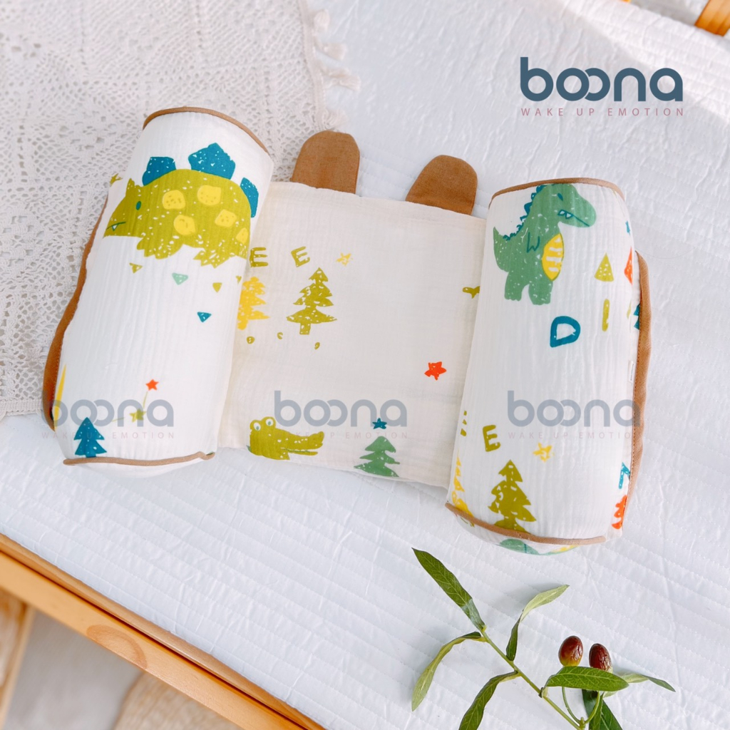 Gối định hình đầu Boona cho bé làm từ vải muslin cao cấp, êm ái, giúp bé ngủ ngon, chống méo đầu, bẹp gáy