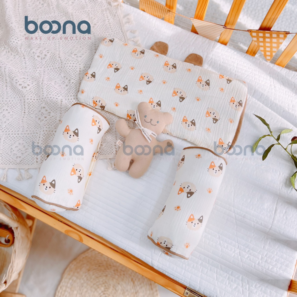Gối định hình đầu Boona cho bé làm từ vải muslin cao cấp, êm ái, giúp bé ngủ ngon, chống méo đầu, bẹp gáy