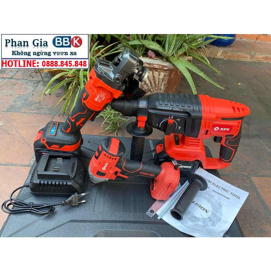 Bộ Combo 3 Máy Khoan Pin Gồm Máy Khoan Đục Bê Tông, Máy Siết Bulong Và Máy Mài Dùng Pin 199V, Động Cơ Không Than