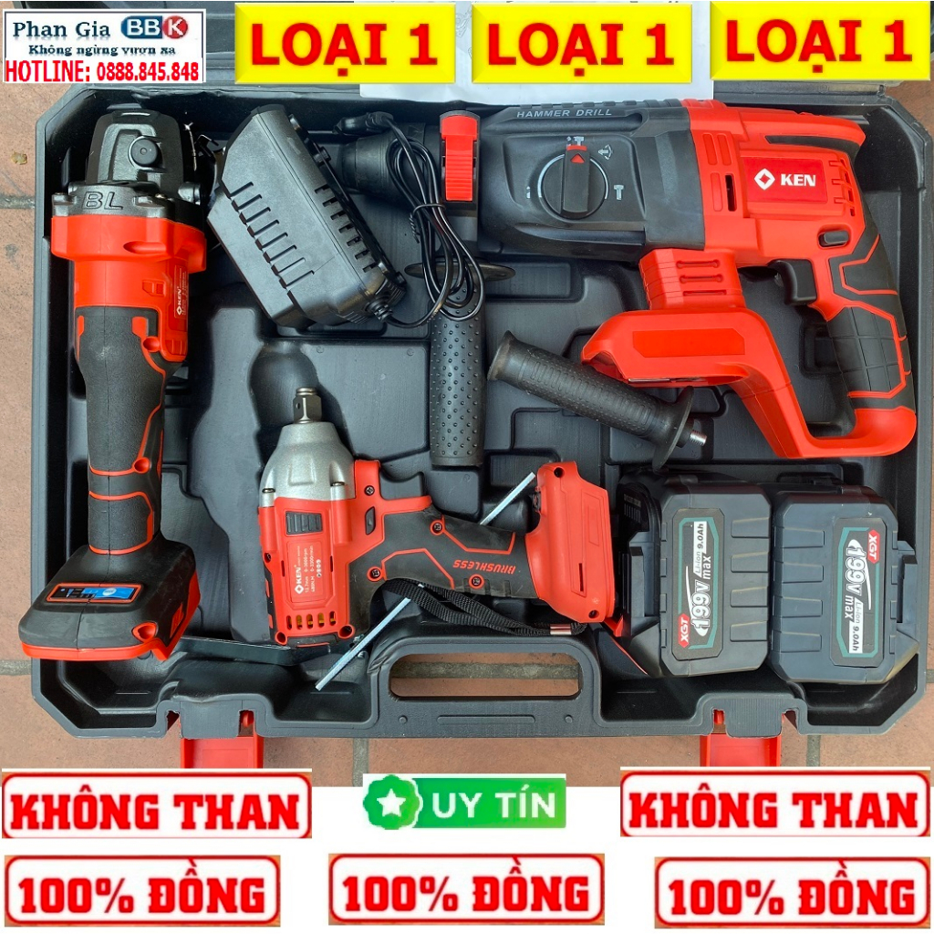 Bộ Combo 3 Máy Khoan Pin Gồm Siết Bulong, Máy Mài Cầm Tay Và Máy Khoan Đục Bê Tông Dùng Pin 199V 15 Cell, Bảo Hành 1 Năm