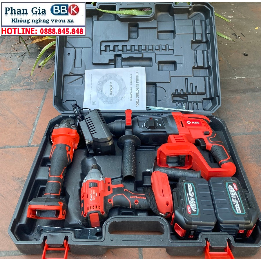 Bộ Combo 3 Máy Khoan Pin Gồm Máy Khoan Đục Bê Tông, Máy Siết Bulong Và Máy Mài Dùng Pin 199V, Động Cơ Không Than