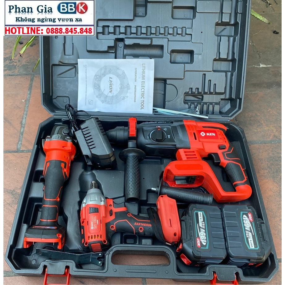 Bộ Combo 3 Máy Khoan Pin Gồm Máy Khoan Đục Bê Tông, Máy Siết Bulong Và Máy Mài Dùng Pin 199V, Động Cơ Không Than