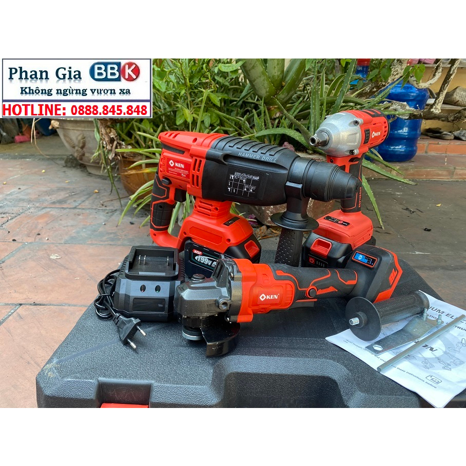 Bộ Combo 3 Máy Khoan Pin Gồm Máy Khoan Đục Bê Tông, Máy Siết Bulong Và Máy Mài Dùng Pin 199V, Động Cơ Không Than