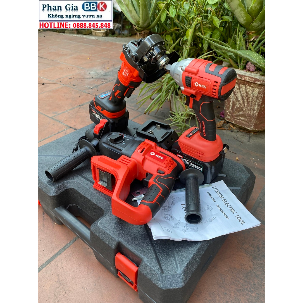 Bộ Combo 3 Máy Khoan Pin Gồm Máy Khoan Đục Bê Tông, Máy Siết Bulong Và Máy Mài Dùng Pin 199V, Động Cơ Không Than