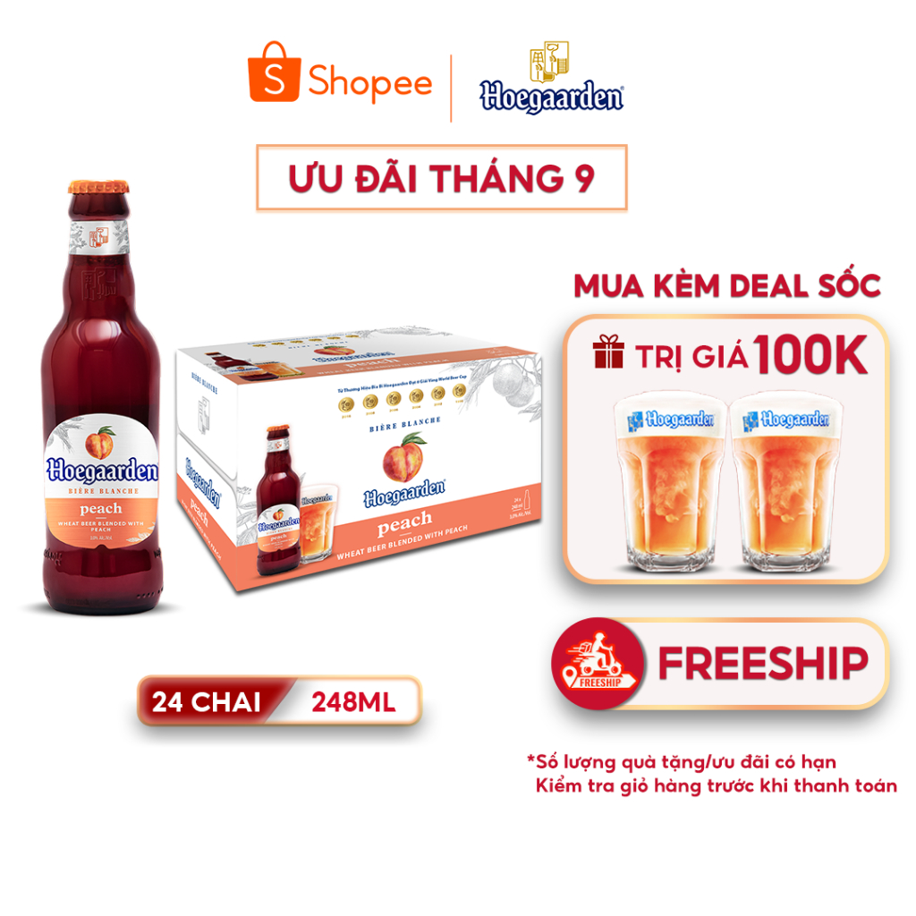 Thùng 24 Chai Bia Hoegaarden Peach - Bia Bỉ Vị Đào (248ml/chai)