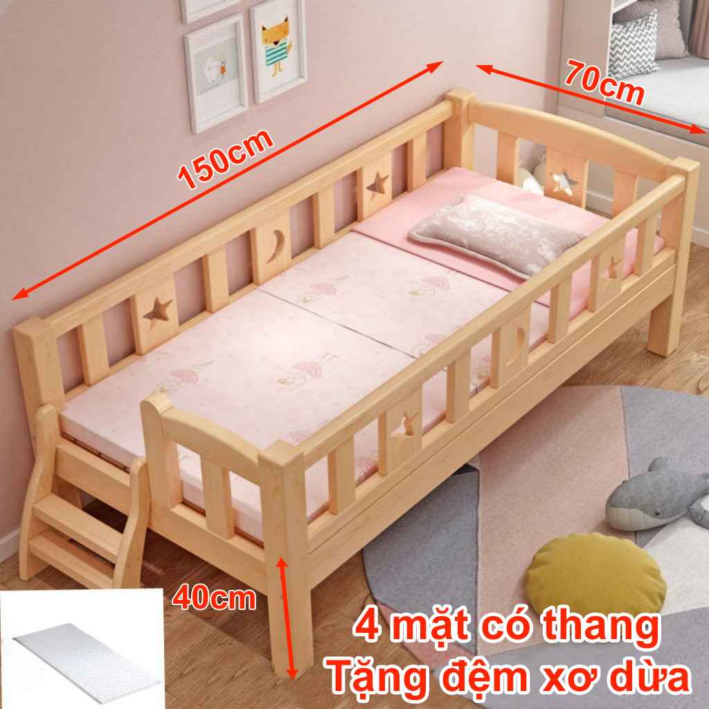 Giường cho bé kích thước 150 x 70cm, giường trẻ em ghép cạnh bố mẹ gỗ thông GENMAMA