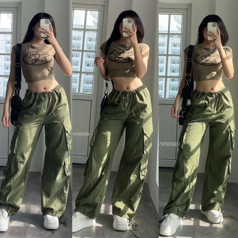 ✅Set jogger xanh rêu nhún và áo croptop xanh rêu