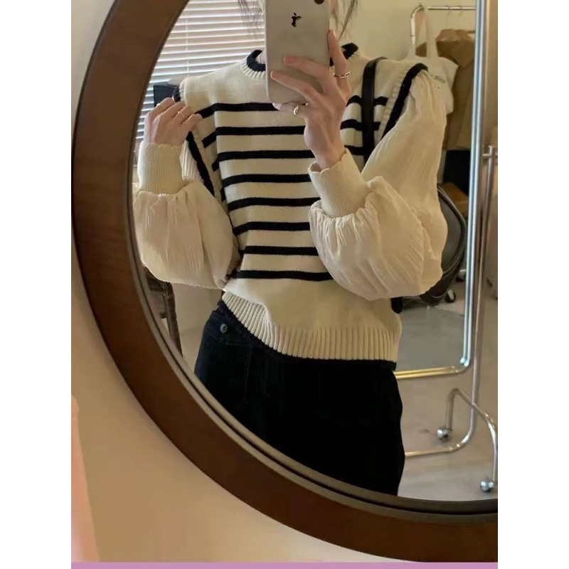 Áo len kẻ phối tay phồng hot hit phong cách vintage hàng QC