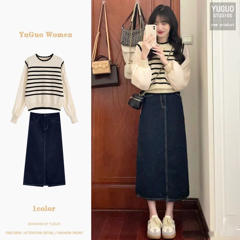 Áo len kẻ phối tay phồng hot hit phong cách vintage hàng QC