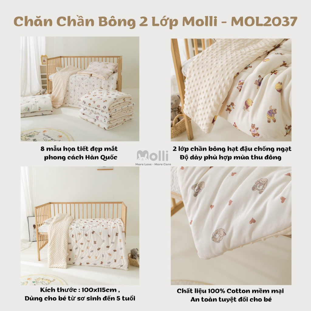 Chăn Đông, Chăn Bông Hạt Đậu 2 Lớp Chính Hãng Molli/Ome/Monona, Chăn Siêu Nhẹ Cho Bé