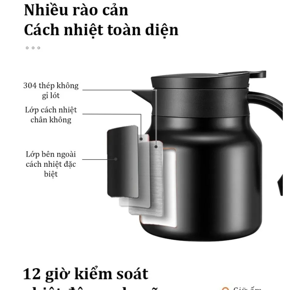 Bình trà giữ nhiệt có lưới lọc trà lõi inox 316 dung tích 1 lít - Phích nước nóng có tay cầm