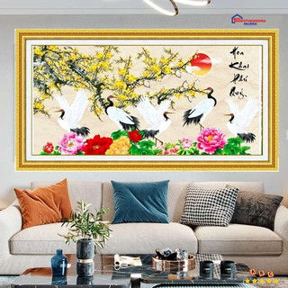 Tranh đính đá LV096 (90cm x 50cm), tranh thêu chữ thập hoa khai phú quý LV3079 (76cm x 43cm)