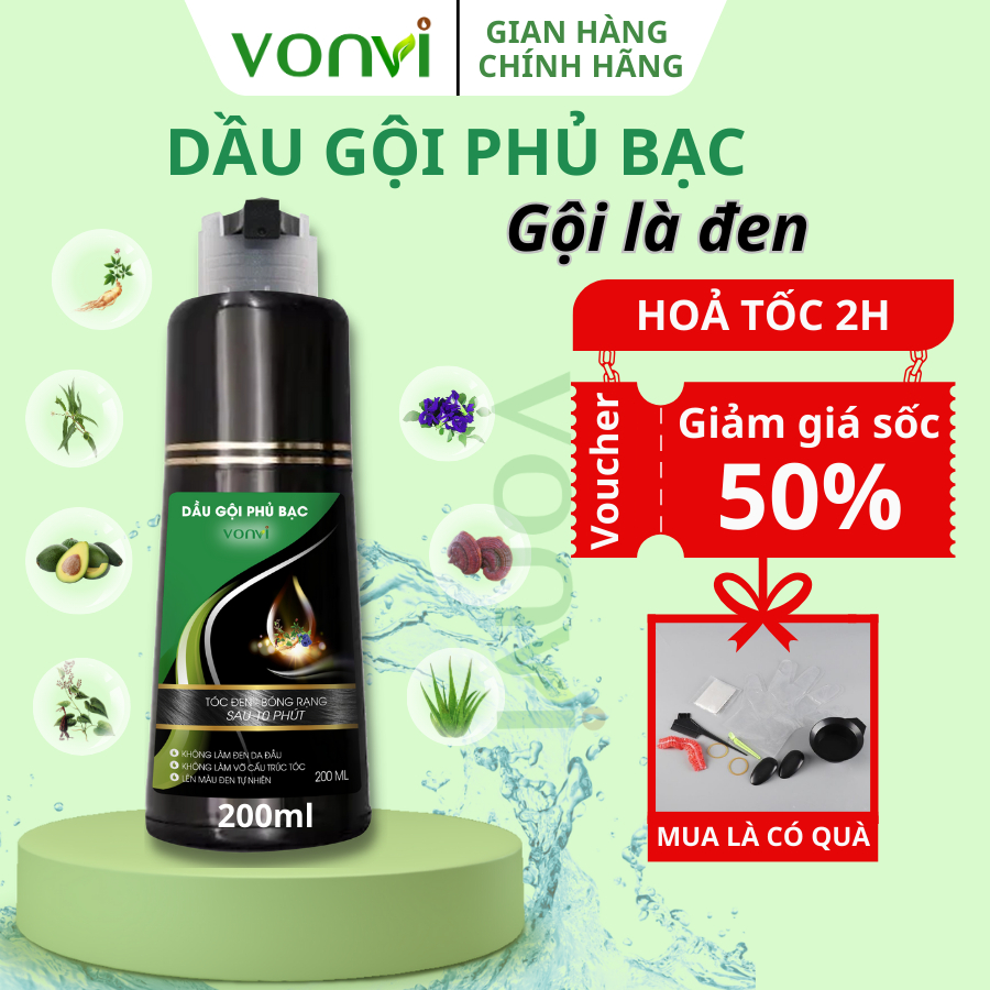 Dầu Gội Phủ Bạc VONVI 200ML Thành Phần Nhân Sâm Tự Nhiên Giúp Đen Tóc Bóng Mượt Giảm Rụng Tóc