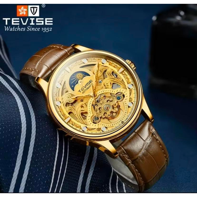 Đông Hồ Nam Máy Cơ Tevise TV820D - Dây Da Cao Cấp Mặt Kính Sapphire Chống Nước Cực Tốt Với RON Cao Su Chạy Full Kim Auto