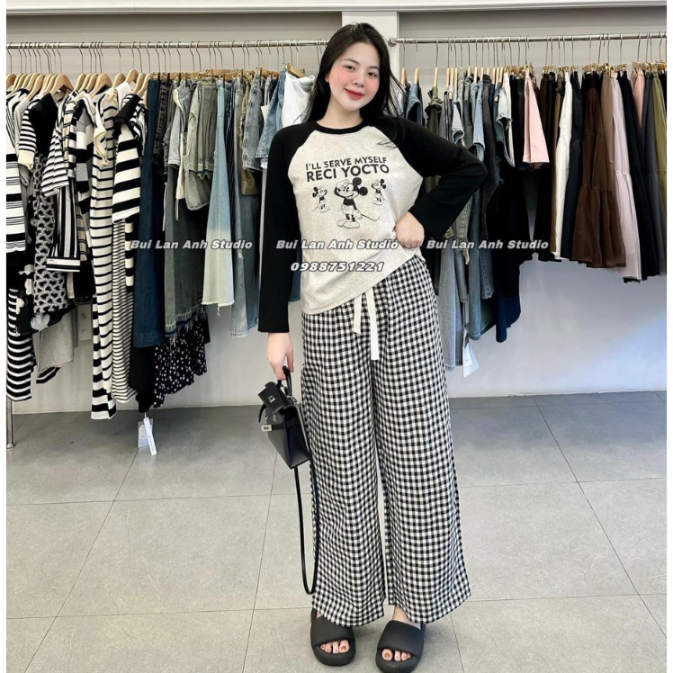 Set bộ đồ nữ xinh xắn áo form rộng tay dài họa tiết xinh xắn mix quần kẻ suông dài basic trẻ trung, năng động