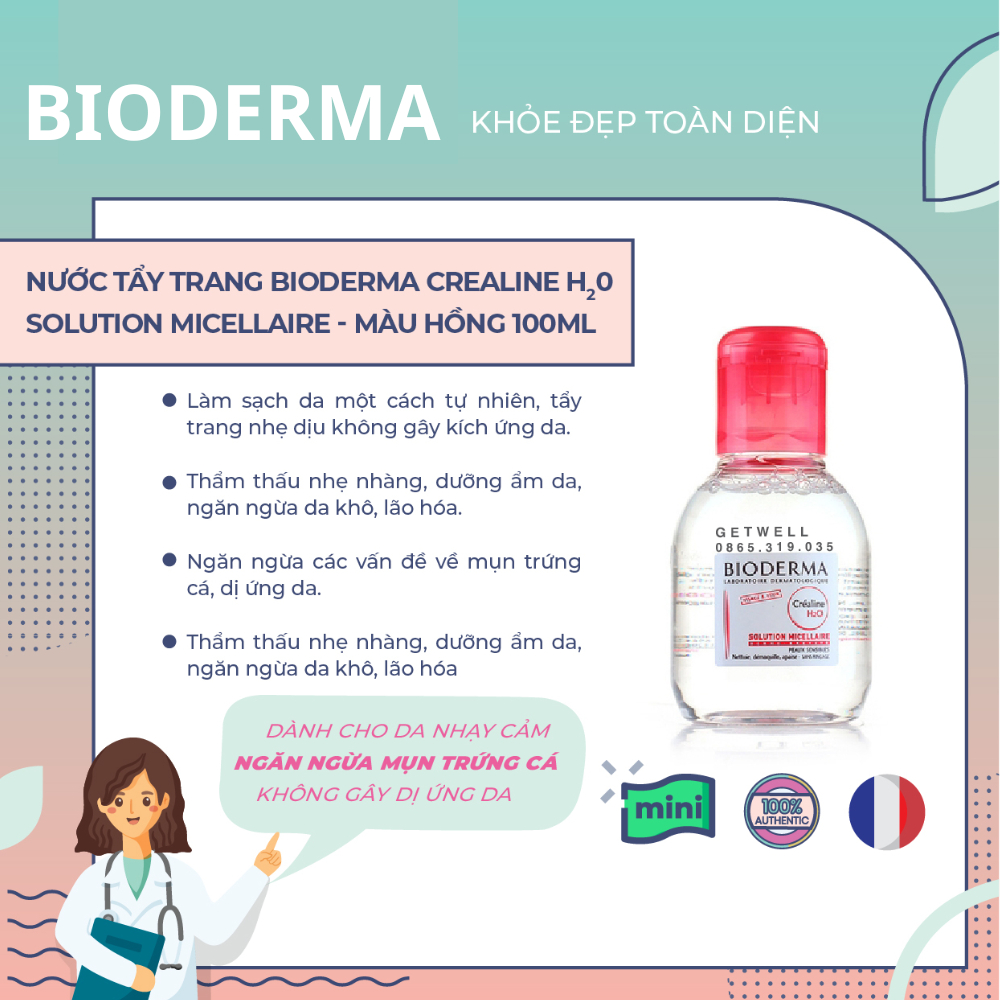 Nước tẩy trang Bioderma 100ml, Bioderma mini - Bioderma cho da hỗn hợp, da nhạy cảm