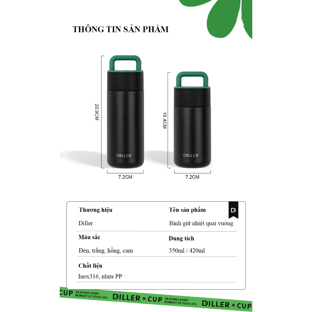 Bình giữ nhiệt Diller MLH9062 quai vuông kèm khay lọc trà, dung tích 350ml/420ml