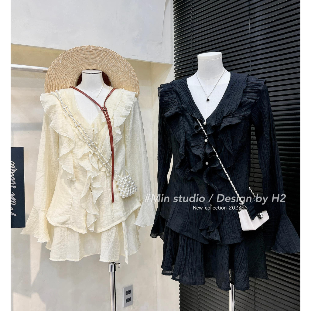 SET ÁO Sơ mi bèo khuy kèm CHÂN VÁY tơ nhăn HOT TREND hàng loại 1 Rilkay
