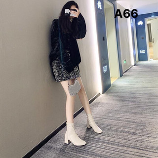Giày boots nữ , Bốt cổ lửng da lì gót vuông 6p hàng loại 1 có lót lông A66