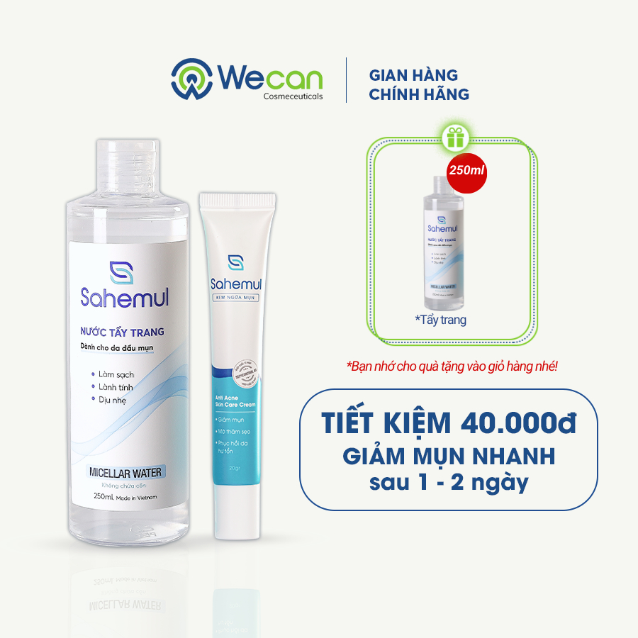 Combo Kem Ngừa Mụn 20gr Và Nước Tẩy Trang 250ml Sahemul Dùng Cho Da Có Mụn Viêm, Mụn Bọc Và Thâm Mụn