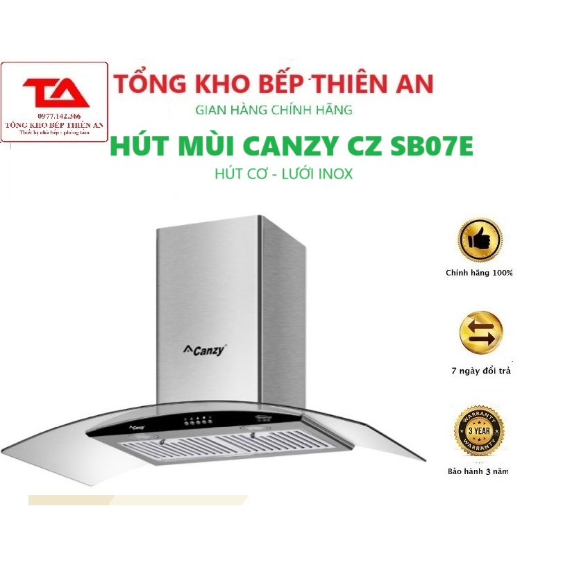 Máy hút mùi Canzy CZ SB07E Hút mùi kính cong công suất lớn, êm. máy hút khói nhà bếp. máy hút mùi nhà bếp chính hãng