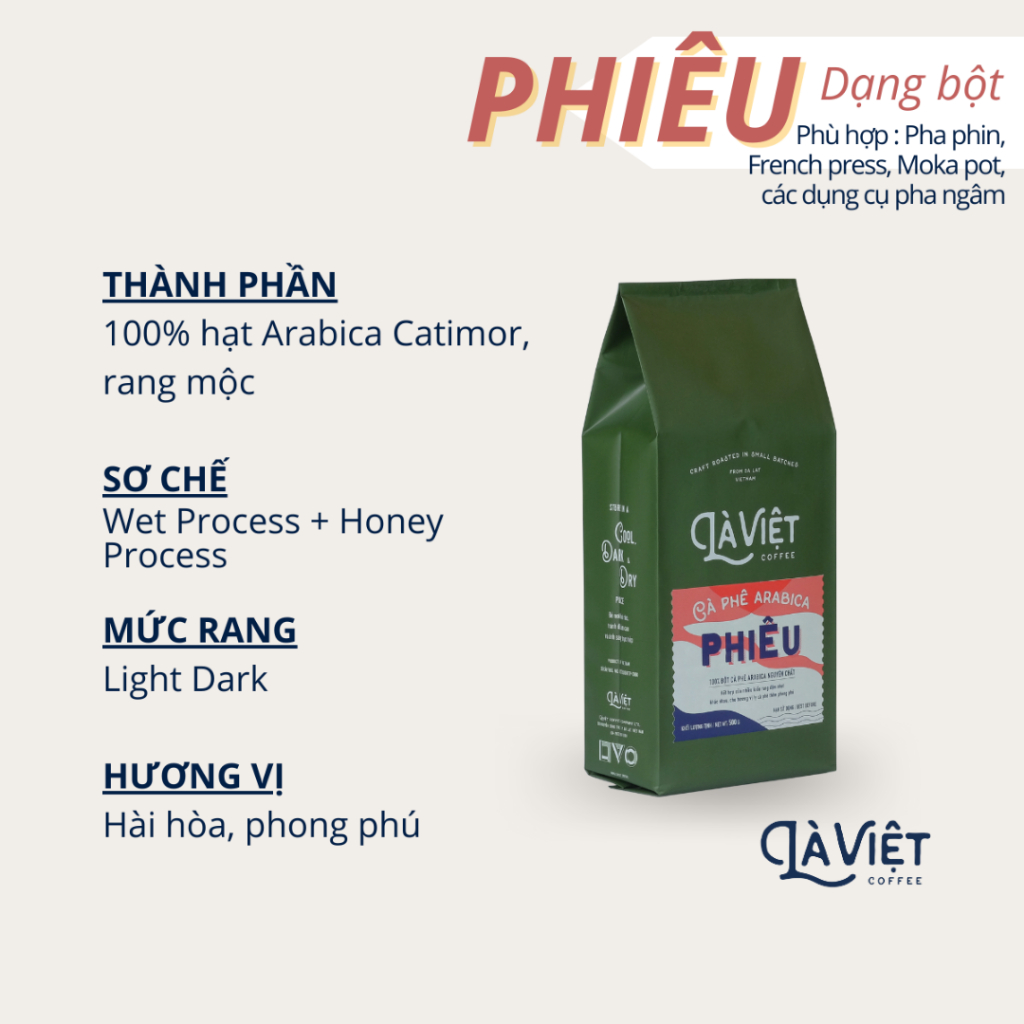 Cà Phê Bột LÀ VIỆT Phiêu 100% Arabica 500g Vị Phong Phú