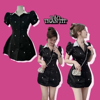 Set áo đen cổ sơ mi phối trắng đính hoa + short