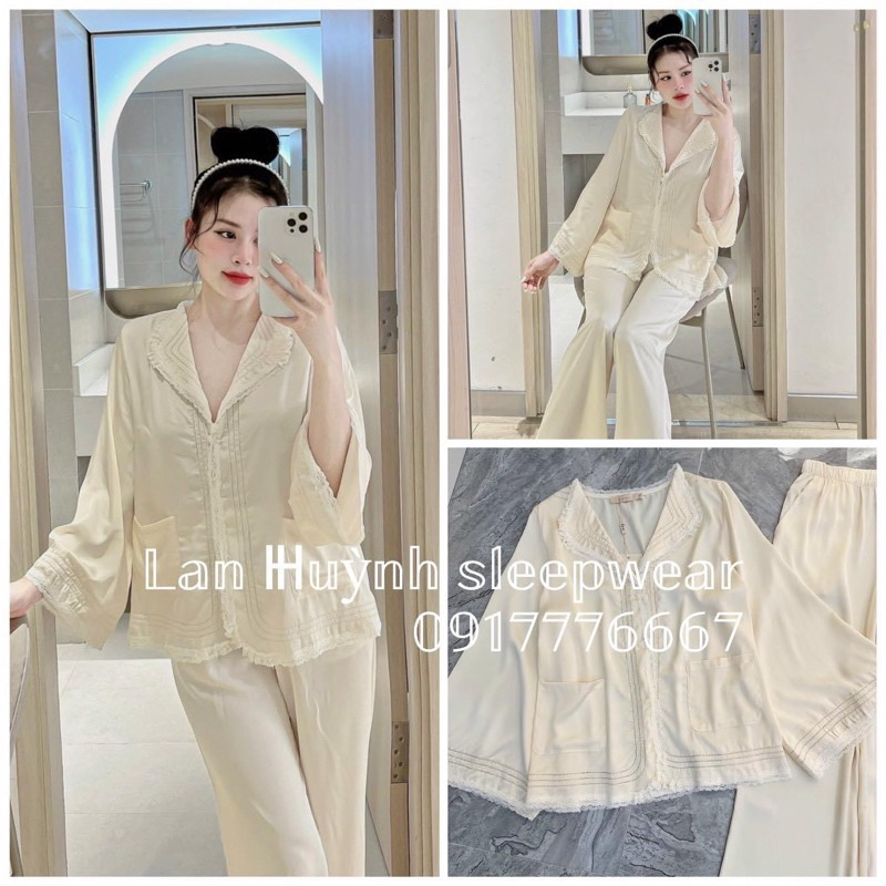 Bộ pijama lụa Quảng Châu cao cấp tag lyly tay dài nhiều ren