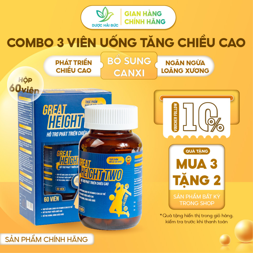 [Combo] 3 Hộp viên uống hỗ trợ tăng chiều cao cho trẻ Great Height Two - Bổ xung canxi, giúp xương chắc khoẻ