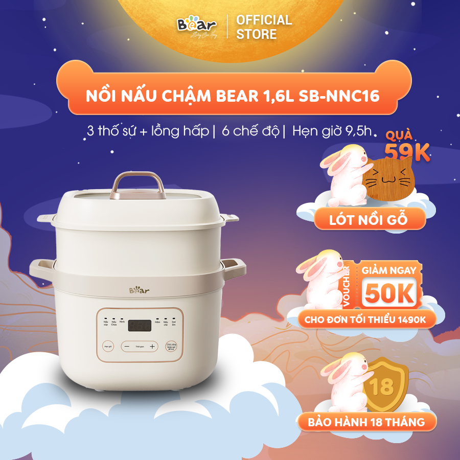 Nồi Nấu Chậm Bear 1,6L Đa Năng 6 Chế Độ Ninh Nấu Hầm Hấp Tiết Kiệm Thời Gian Giữ Trọn Chất Dinh Dưỡng - SB-NNC16