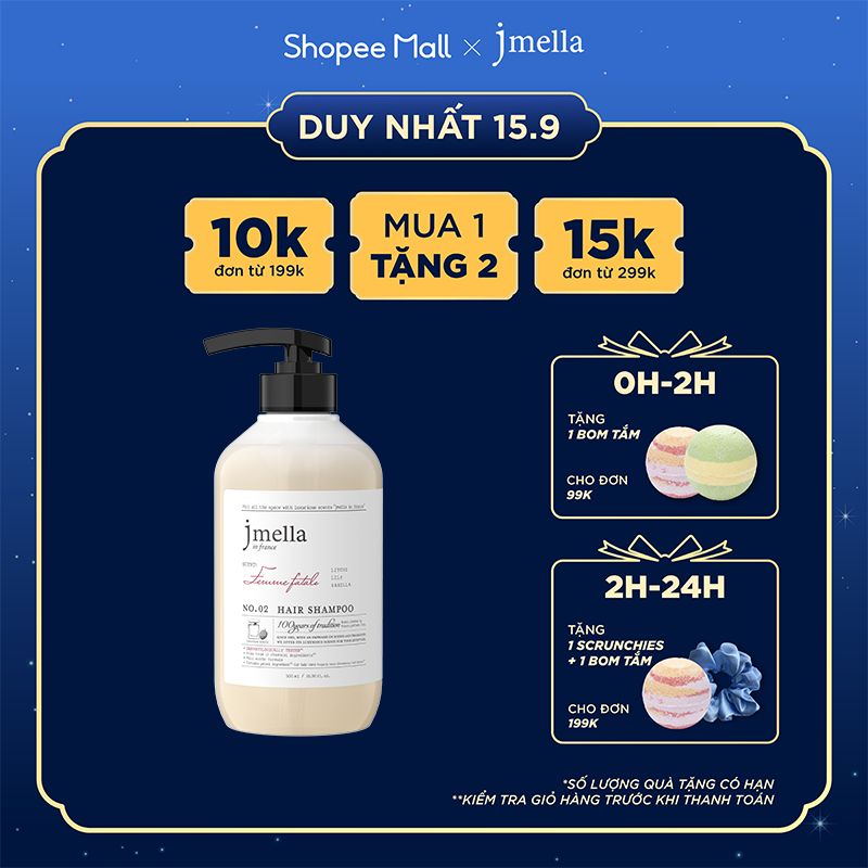 Dầu Gội Jmella In France Tóc Chắc Khỏe Hương No. 2 Femme Fatale Hair Shampoo Vải Và Huệ Trắng Phương Đông Cổ Điển 500ml